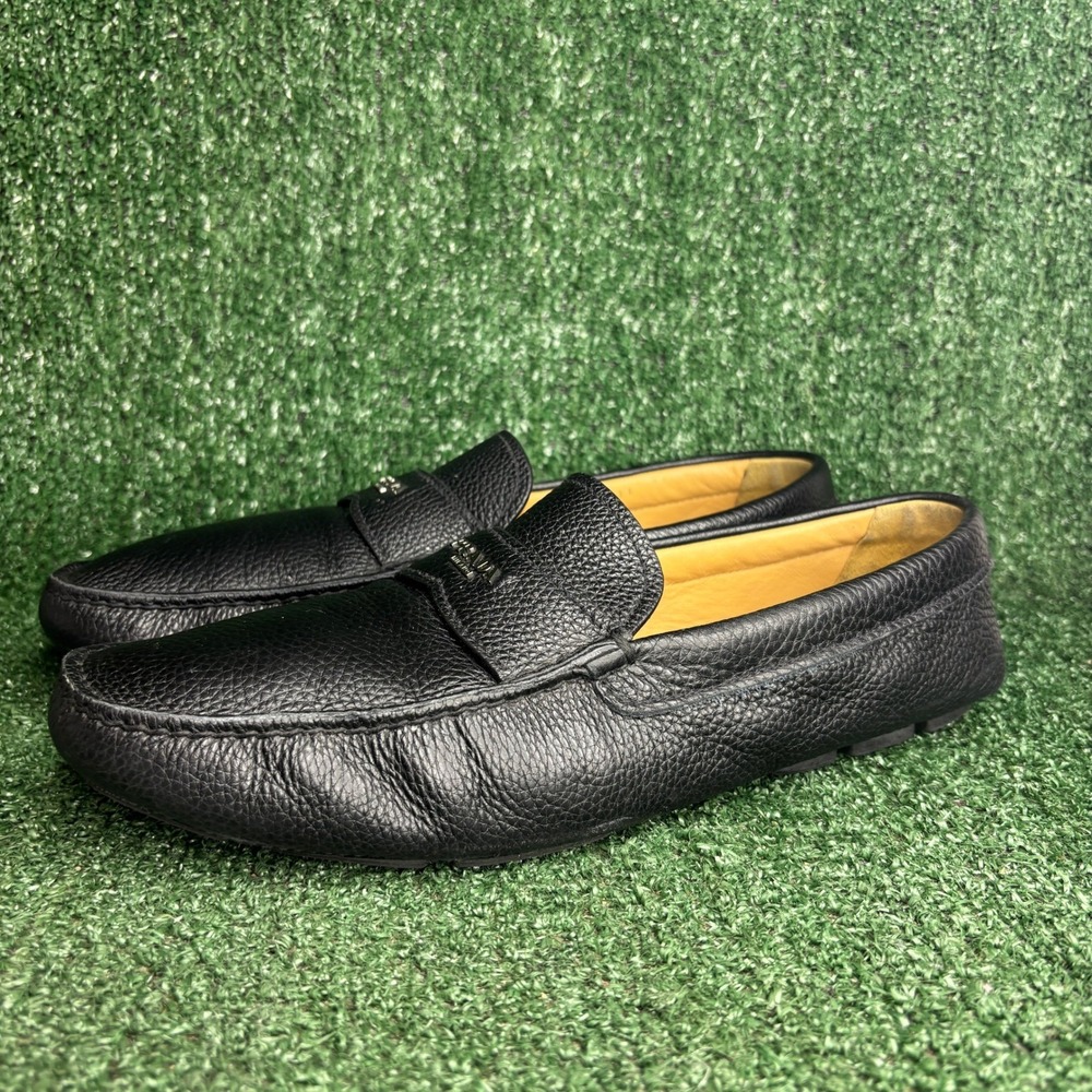 Prada Grained Leather Logo Penny Driving Loafer Luxury Slip On Black Mens Sz 12 - Picture 3 of 9